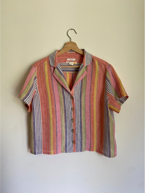 Tops - C&C California 100% Linen Striped Button Front Blouse Women’s Medium Pastel